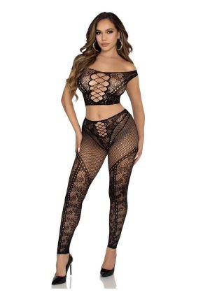 Leg Avenue Net and Lace Off-the-Shoulder Crop Top and Footless Tights (2 Piece) - Black - O/S