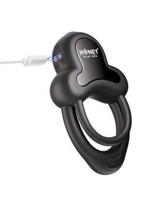 Anello App Control Vibrating Silicone Rechargeable Cock Ring with Clitoral Stimulator - Black