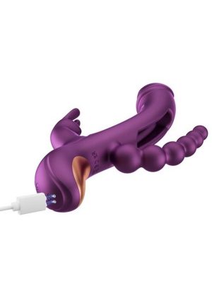 Trilux Kinky Finger Rechargeable Silicone Rabbit Vibrator with Anal Beads - Purple