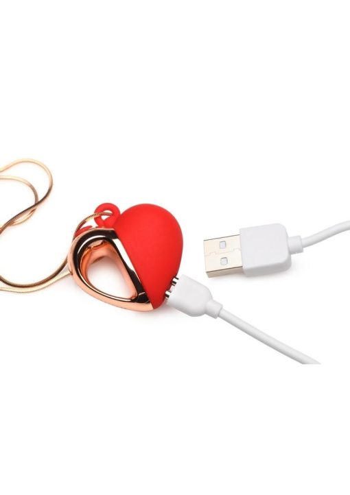 Charmed 10X Vibrating Silicone Heart Necklace Rechargeable Stimulator - Red/Rose Gold