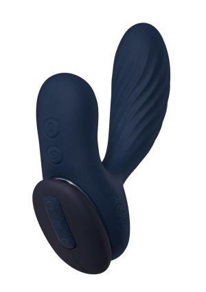 Svakom Vick Neo 2 App Compatible Rechargeable Silicone Warming Dual Stimulating Prostate Vibrator with Remote Control - Navy Blue/Gold