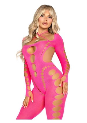 Leg Avenue Seamless Opaque Cut-Out Footless Bodystocking - Pink - O/S