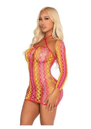 Leg Avenue Zig Zag Net Twist Halter Mini Dress with Keyhole Detail and Shrug (2 Piece) - Multi Color - O/S