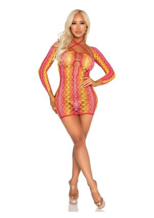 Leg Avenue Zig Zag Net Twist Halter Mini Dress with Keyhole Detail and Shrug (2 Piece) - Multi Color - O/S