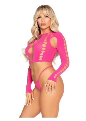 Leg Avenue Seamless Cut Out Long Sleeve Crop Top and G-String Panty - Pink - O/S