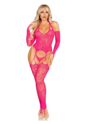 Leg Avenue Lace Halter Footless Cami Garter with Attached Toe Loop Stockings and Arm Warmers - Pink - O/S