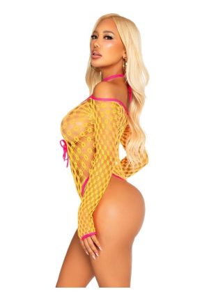 Leg Avenue Eyelet Net Teddy with Tie-Front Keyhole Detail - O/S