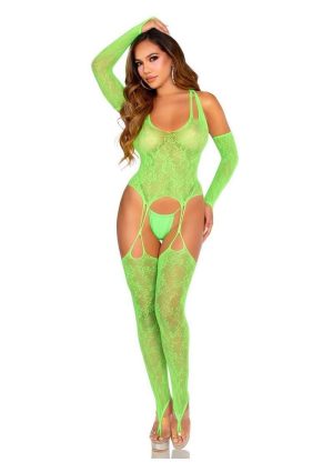 Leg Avenue Lace Halter Footless Cami Garter with Attached Toe Loop Stockings and Arm Warmers (2 Piece) - O/S