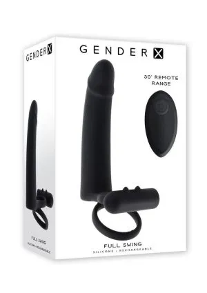 Gender X Full Swing Rechargeable Silicone Vibrating Dildo with Dual Cock Ring and Remote Control - Black