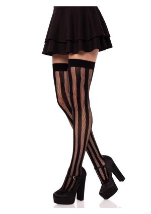 Leg Avenue Net and Opaque Striped Thigh Highs - Black - O/S