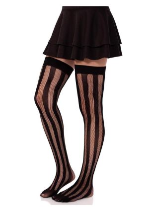 Leg Avenue Net and Opaque Striped Thigh Highs - Black - O/S