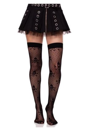 Leg Avenue Dotted Net Skull Thigh Highs - Black - O/S