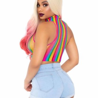 Leg Avenue Rainbow Net High Neck Crop Top - O/S